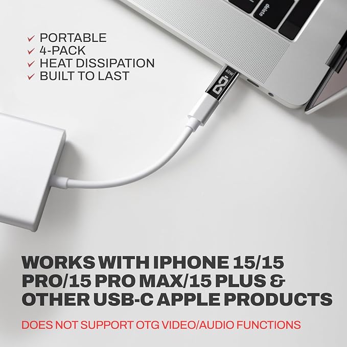 AISLE 3 ESSENTIALS 4-Pack Lightning to USB-C Adapter – Female to Male, 2x 10W & 2x 60W Fast Charging, Type-C Charger Connector for All iPhone 16,15 & Newer Models, iPad, AirPods – Not for Audio