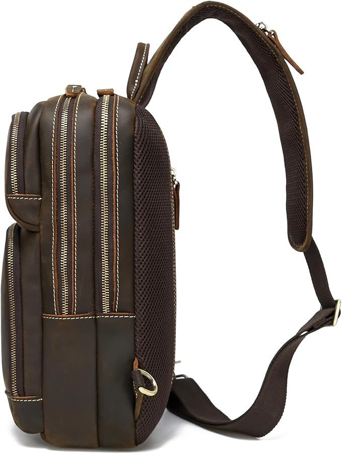 LANNSYNE Full Grain Leather Sling Bag For Men, Crossbody Bag fits 12.9" iPad Crossbody Chest Daypack