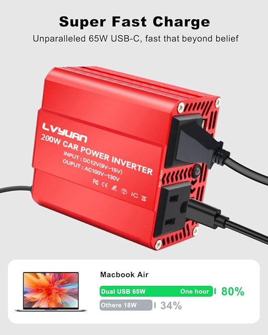 200W Power Inverter, LVYUAN Inverter 12V DC to 110V AC Car Plug in Adapter Outlet 65W PD Type-C & 28W QC Fast-Charging Ports Vehicle Converter for Phone, Laptops, Road Trip Charger