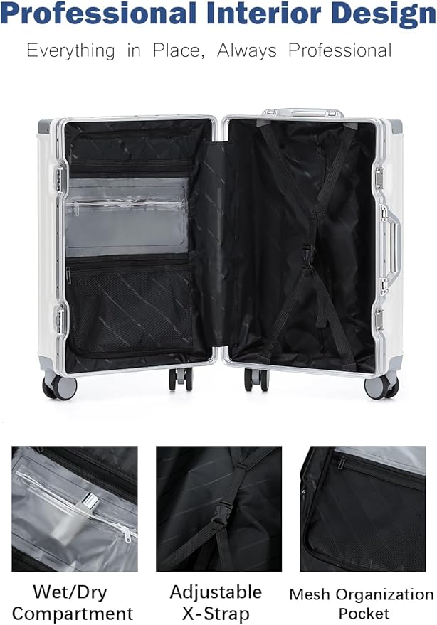 HotWay 24 Inch Aluminum Frame Luggage with Spinner Wheels, PC Hard Shell Suitcase with Cup Holder, Zipperless Luggage for Business Travel, White