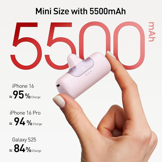 iWALK Portable Charger 5500mAh Next-Gen Small Power Bank 22.5W Fast Charging Battery USB-C Portable Phone Charger for iPhone 16/15 16 Plus 16 Pro Max iPad, Samsung Galaxy S25 S24 S23 Android, Pink