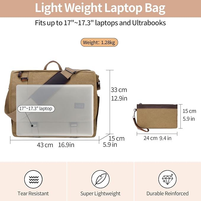 Nerlion Messenger Bag for Men 17-17.3 Inch Laptop Bag Canvas Water-resistant Computer Bag Shoulder Bag Work Briefcase Bookbag for College (Brown)