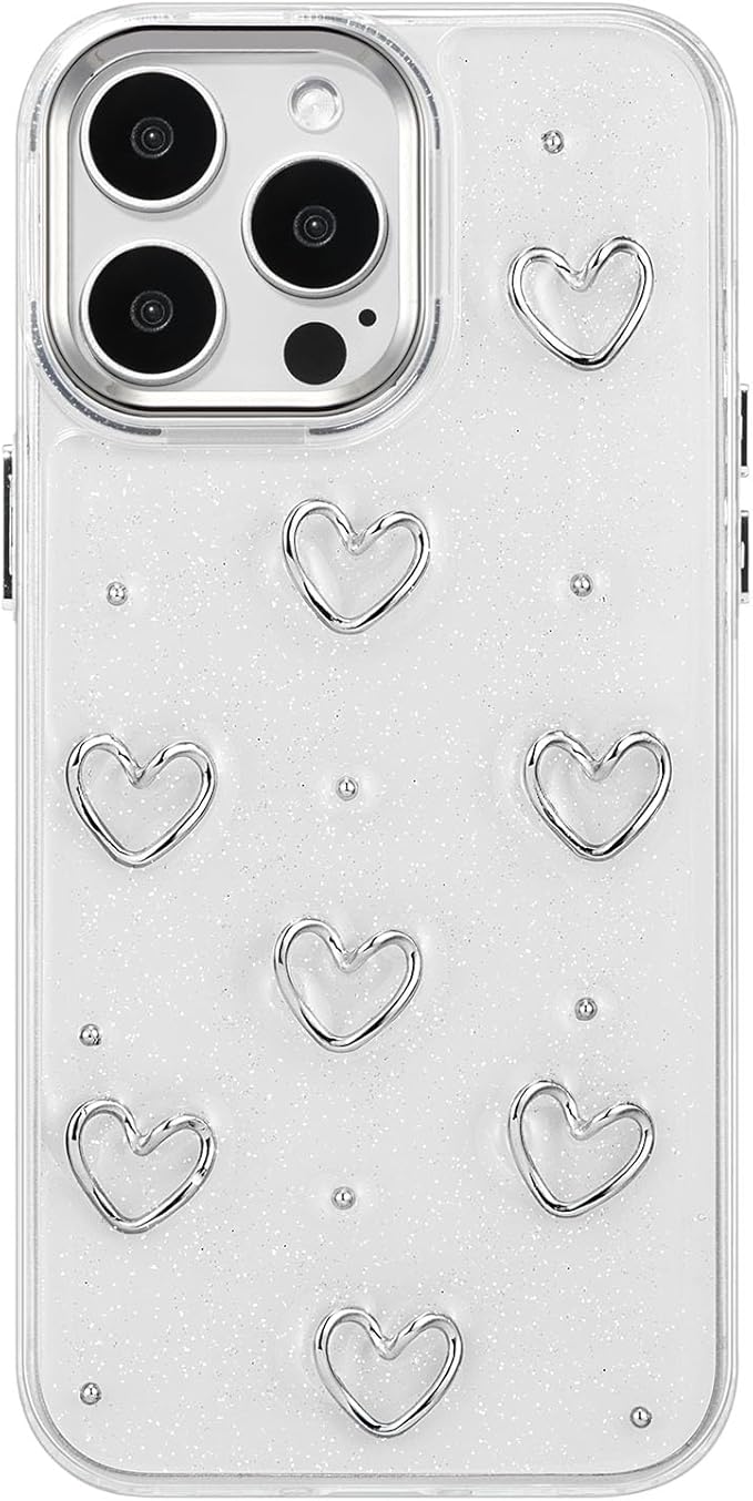 EYZUTAK Case for iPhone 13 Pro, Bling Glitter 3D Hearts Phone Case Cute Sparkly Crystal Clear Heart Aesthetic Design Case Slim Soft Durable TPU Transparent Protective Cover for Women Girls - Heart