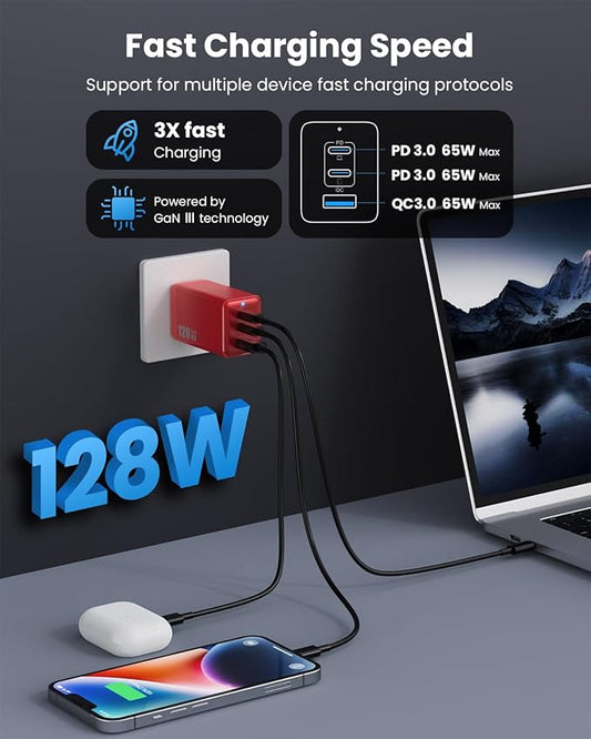 128W USB C Wall Charger,GaN III 3-Port Fast Charging Station,PD QC Foldable Charger Block Portable 65W Laptop Adapter for MacBook Pro/Air,iPad Pro,Galaxy S23,Dell XPS 13,iPhone 17/16/Pro etc