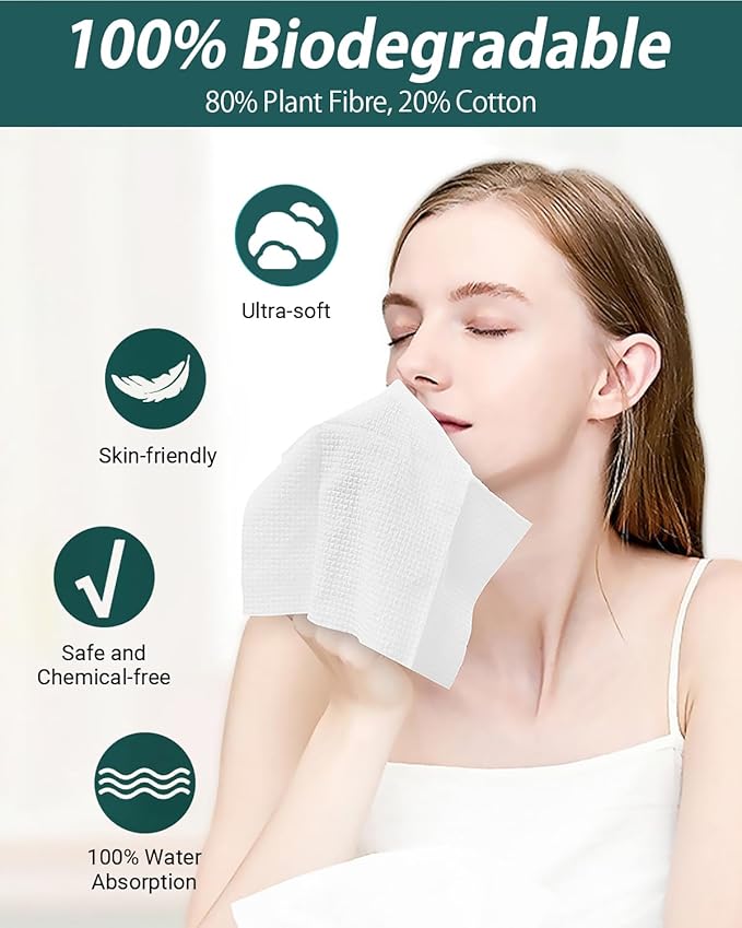 100 Count 2 PACK, Disposable Face Towel, Large Size 10"X 12", Disposable Face Cloths, 100% Biodegradable Towel, Skin Soft and Thick for Washing