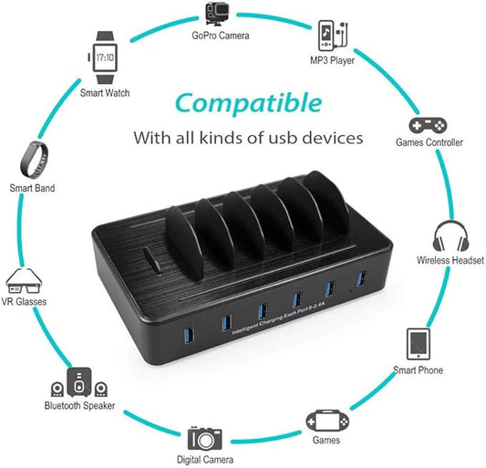 Charging Station for Multiple Devices,50W 6 USB Ports Family Charger Compatible with Apple iPhone iPad and Android Phone and Tablet