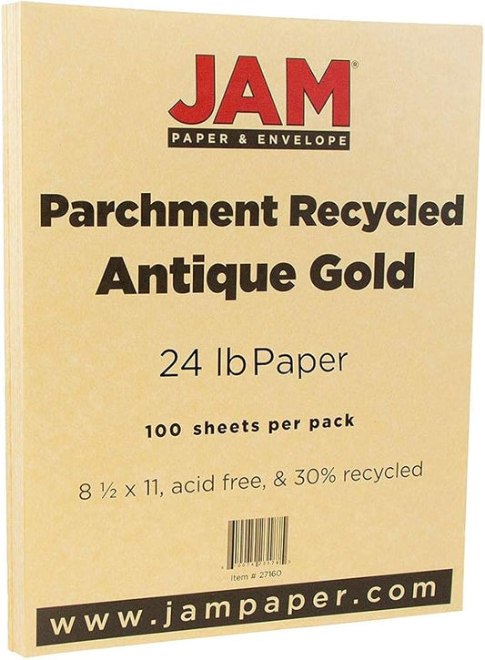 JAM PAPER Parchment 24lb Paper - 90 GSM - 8.5 x 11 - Antique Gold Recycled - 100 Sheets/Pack