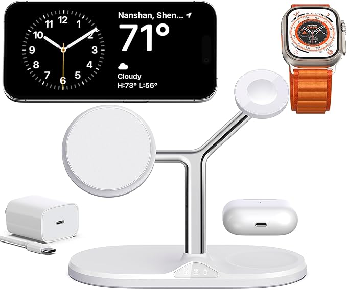 3-in-1 Wireless Charging Station for Apple Devices - Fast Charging Station for iPhone and Watch with MagSafe, Stable Charger Stand for iPhone 12-15 & iPhone 16 & iWatch & AirPods