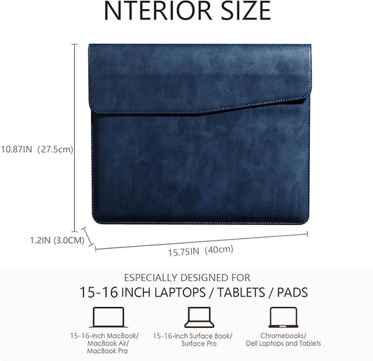 Leather Laptop Sleeve Compatible with MacBook Pro 16 Inch M4 M3 M2 M1 Pro/Max&MacBook Air 15 Inch M4 M3 M2, Genuine Leather Protective Case Cover,Blue