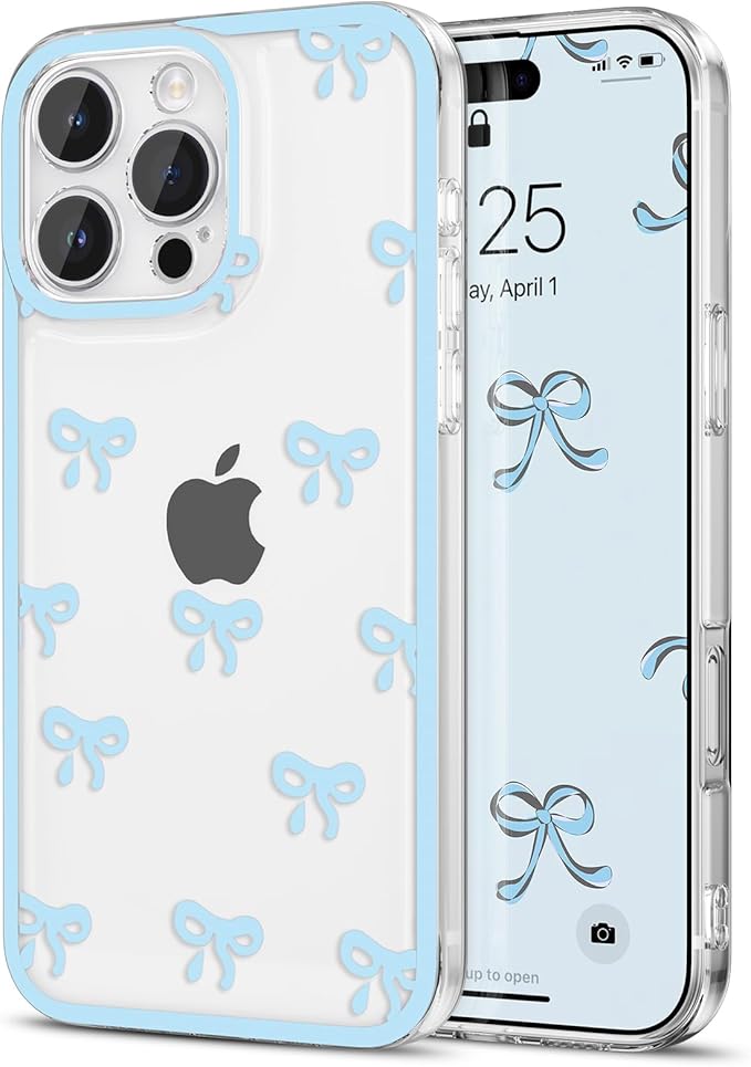 EYZUTAK Case for iPhone 16 Pro, Clear Cute Ribbon Bowknot Pattern Aesthetic Transparent Phone Case Raised Camera Protection Stylish Slim Soft Durable TPU Protective Cover for Women Girls - Blue