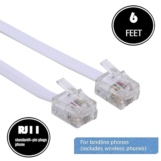LanSenSu Telephone landline Extension Cord Cable Cord with Standard RJ-11 6P4C Plug (6Ft-3Pack-White, White)