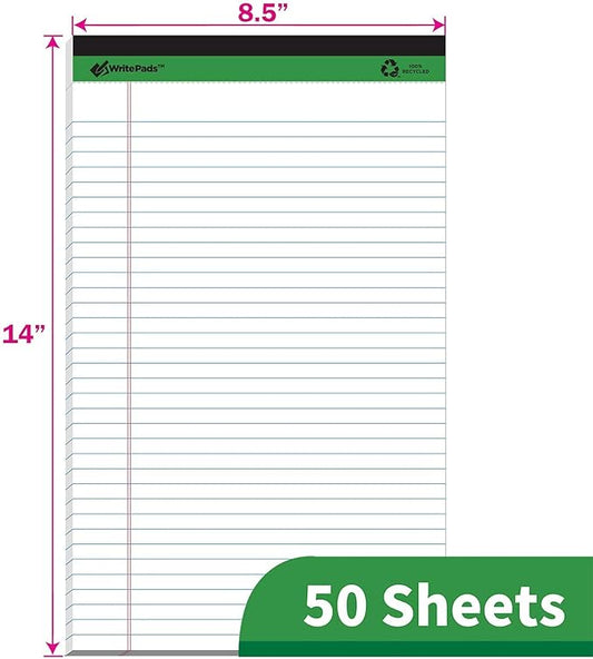 KAISA White Legal Pads Writing Pads Recycled Paper, 8.5"x14" Wide Ruled Lined Paper Perforated 50 sheets Hard Back Notepads Large Legal Pad Writing Tablet For Office Supplies (White 12pads)