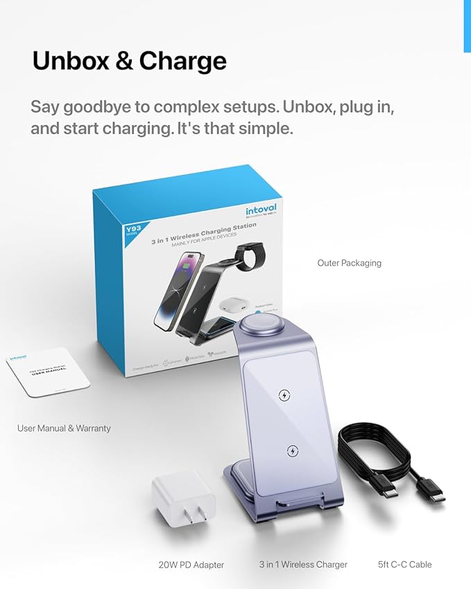 Intoval 3 in 1 Wireless Charging Station for iPhone 16 15 14 13 12 11 X Pro Max, Wireless Charger for Apple Watch Ultra 3 SE 9 8 7 6 5 4 3 2, for AirPods 4 Pro Pro 2 3 (Y93, Lavender)