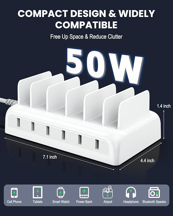 Charging Station for Multiple Devices, Honcila 50w 6 Port Fast Charger Stations for iPhone, iPad, Cell Phone, Tablet, Multi Device Charging Dock Organizer with 6 Mixed Charging Cables
