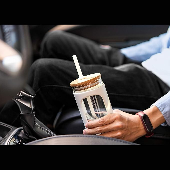 Kodrine 20oz Glass Tumbler with Straw and Lid, Bamboo Lids Water Bottle, Reusable Iced Coffee Cups, Wide Mouth Smoothie Cup with Protective Silicone Sleeve BPA FREE-White+Pink-2pack
