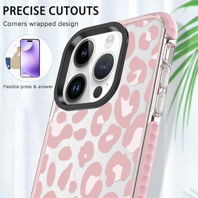 ZIYE Clear Case for iPhone 15 Pro Cover Pink Leopard Design Shockproof Soft TPU Bumper Protective Phone Case for Women Girls Girly Cute Phone Case