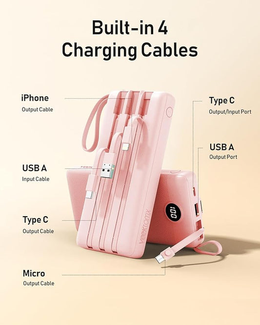 VEEKTOMX Portable Charger Built-in Cables, 20000mAh Power Bank for iPhone, Fast Charge USB C Battery Pack Travel Essentials Powerbank Compatible with iPhone 17/16/15/14, Samsung S25/24, Android, etc