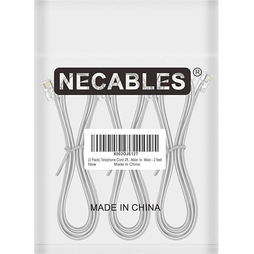 NECABLES 3Pack Phone Cord 2ft Telephone Cord Phone Cable RJ11 6P4C Male to Male for Landline and Fax - 2 Feet