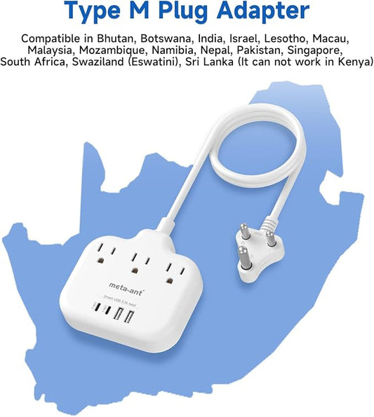 South Africa Plug Adapter, Type M Adapter for South Africa with 3 AC Outlets & 4 USB Ports(2 USB C) 15.5W, 3FT Extension Cord, Africa Travel Essentials for USA to South Africa Namibia Nepal Malaysi