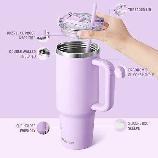 40 oz Tumbler with Handle and Straw Lid,Insulated Reusable Stainless Steel Water Bottle Travel Mug,Cupholder Friendly Double Wall Vacuum Sealed Cup (Lavender Purple)