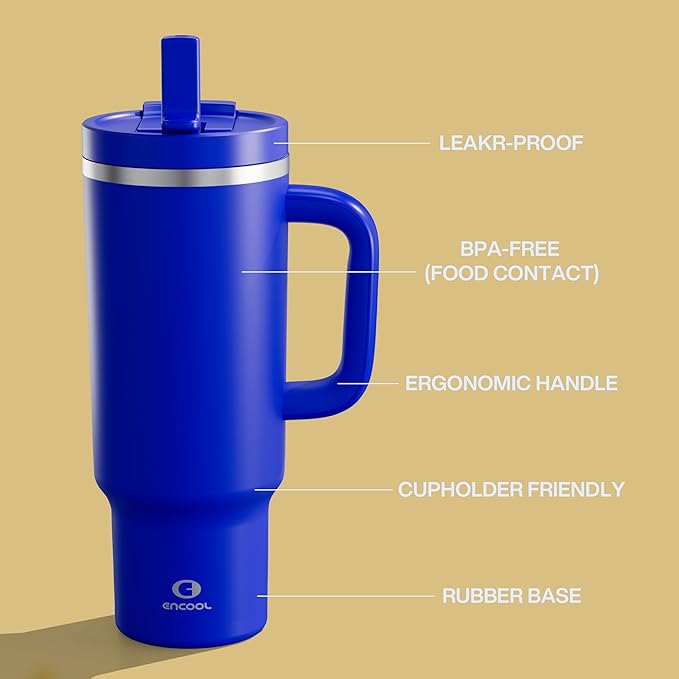 40 oz Tumbler with Handle and Straw: Stainless Steel Insulated Tumbler Keeps Cold for 24 Hours, Leakproof Travel Cup Fits in Cup Holder and BPA-Free, Royal Blue