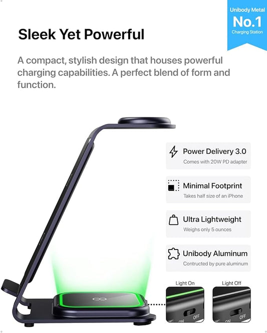 Intoval 3 in 1 Wireless Charging Station for iPhone 16 15 14 13 12 11 X Pro Max, Wireless Charger for Apple Watch Ultra 3 SE 9 8 7 6 5 4 3 2, for AirPods 4 Pro Pro 2 3 (Y93, Purple)