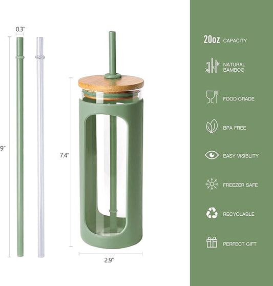 Kodrine 20oz Glass Tumbler with Straw and Lid, Iced Coffee Cups with Bamboo Lids, Glass Cups for Cold Drinks, Smoothie Cup with Silicone Sleeve for Travel, Work, BPA FREE-Olive