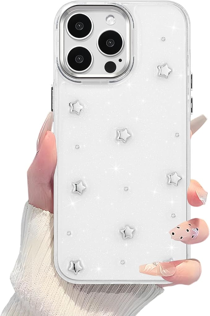 EYZUTAK Case for iPhone 14 Pro, Bling Glitter 3D Stars Phone Case Cute Sparkly Crystal Clear Star Aesthetic Design Case Slim Soft Durable TPU Transparent Protective Cover for Women Girls - Star