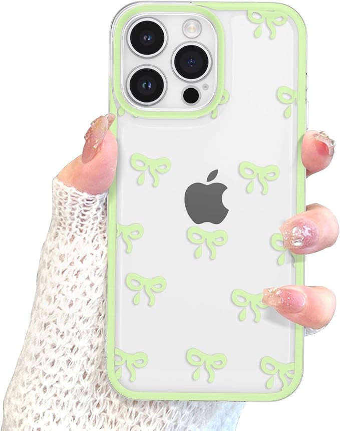 EYZUTAK Case for iPhone 16 Pro, Clear Cute Ribbon Bowknot Pattern Aesthetic Transparent Phone Case Raised Camera Protection Stylish Slim Soft Durable TPU Protective Cover for Women Girls - Green