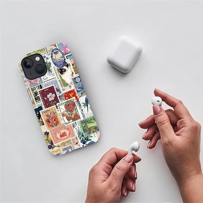 Case for iPhone 15 Plus,Vintage Stamp Collage for Woman Men Full Body Protective Cover Shockproof 2 in 1 Silicone + Hard PC Case for iPhone 15 Plus