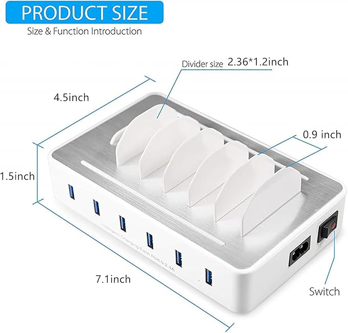 Charging Station for Multiple Devices,50W 6 USB Ports Family Charger Compatible with Apple iPhone iPad and Android Phone and Tablet