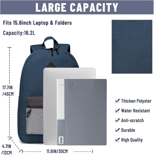 VASCHY Backpack for Men Women, Water-Resistant School Backpack Bookbag Schoolbag Casual Daypack Work Navy