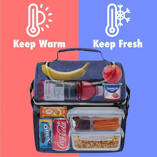 OPUX Lunch Box For Men Women, Insulated Large Lunch Bag Adult Work, Double Decker Lunchbox Meal Prep Dual Compartment Leakproof Lunch Cooler, Soft Lunch Pail Tote Boys Girls Kids School, Navy Blue 12L