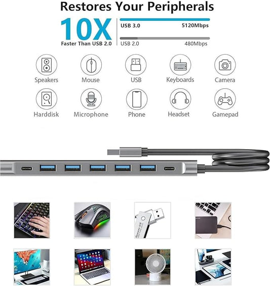 USB Hub Long Cable, 8 Ports USB 3.0 Adapter with 6 USB 3.0 Data Ports,USB-C Data,USB Splitter with USB C 5V/3A Power Port, 47IN/120CM Main Cable for Laptop PC