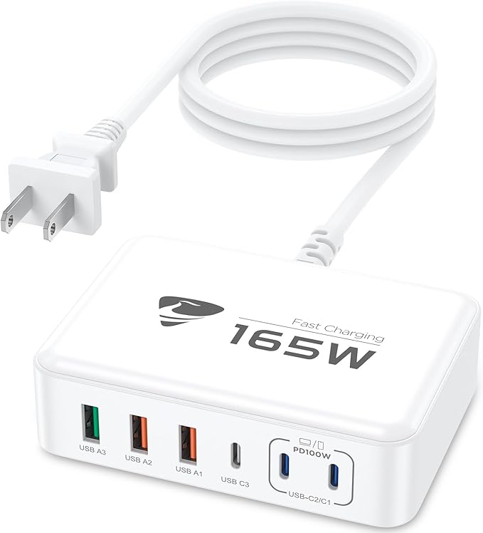 165W USB C Charger Block, 6 Port Multi USB-C Charging Station,100W PD Fast USBC Gan Charger Station Hub Dock for Multiple Devices, Laptop Type C Charge for MacBook/iPhone 16/iPad/Galaxy S25(5FT Cord)