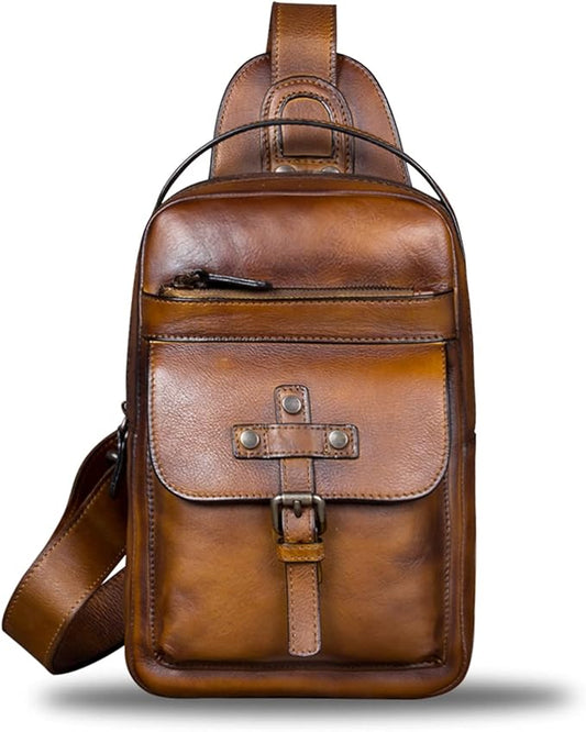 IVTG Genuine Leather Sling Bag Chest Shoulder Fanny Bag Hiking Backpack Vintage Handmade Crossbody Daypack