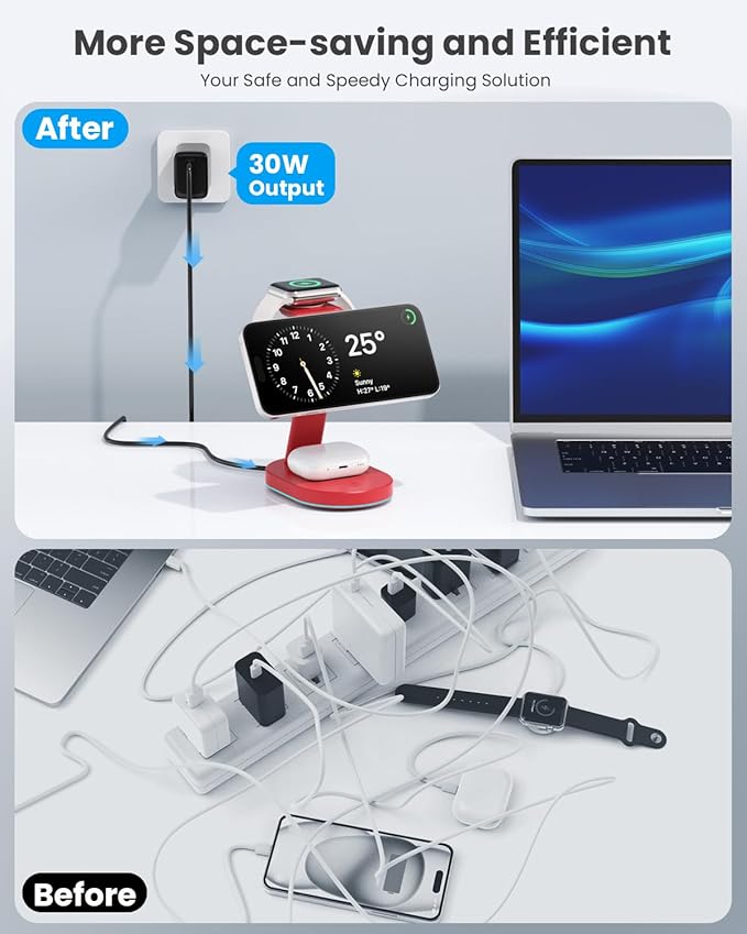 3 in 1 Wireless Charger Charging Station for iPhone,Qi2 Certified 15W Magnetic Charging Stand for Mag-Safe with 30W USB C Adapter&Friendly Night Light for iPhone 16/15/14/13/12,Apple Watch,AirPods