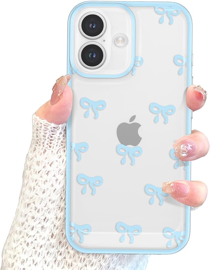 EYZUTAK Case for iPhone 16 Plus, Clear Cute Ribbon Bowknot Pattern Aesthetic Transparent Phone Case Raised Camera Protection Stylish Slim Soft Durable TPU Protective Cover for Women Girls - Blue