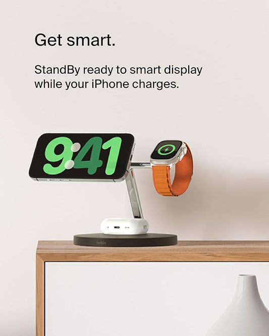 Belkin MagSafe Charger, 3-in-1 Wireless Charging Stand, 2ND GEN, 33% Faster for Apple Watch, iPhone 16, iPhone 15, iPhone 14 Series, AirPods - MagSafe Charging Station for Multiple Devices - Black