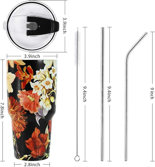 SYACOT 30oz Tumbler Double Wall Stainless Steel Vacuum Insulated Travel Mug with Splash-Proof Lid Metal Straw and Brush