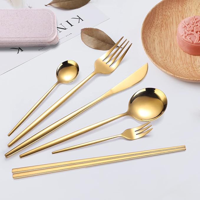 AARAINBOW 8 Pieces Stainless Steel Flatware Set Portable Reusable Cutlery Set Travel Utensils Set Including Chopsticks Knife Fork Spoon Straws Cleaning Brush Dishwasher Safe (Golden)