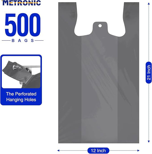 METRONIC 500 Count Grey Plastic T-shirt Bags with Handle, 12" x 6.5" x 22" Plastic Carry Bags for Retail, Supermarket, Grocery Shopping Bag for Packaging, Takeout, Convenience Stores, in Bulk