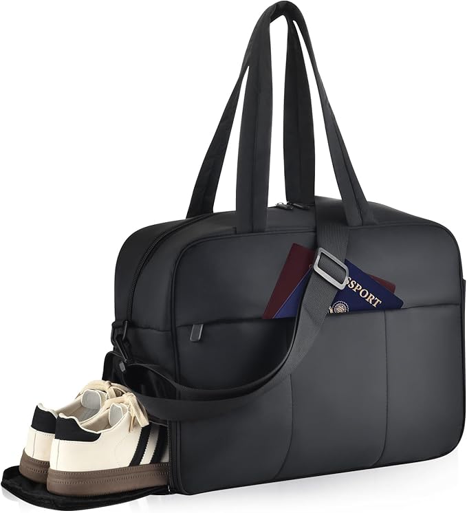 Felipe Varela Puffer Travel Duffle Bag, Gym Bag for Women with Shoe Compartment, Lightweight Tote Weekender Overnight Carry on Duffel Bags for Travel, Airplanes (Black,19L)