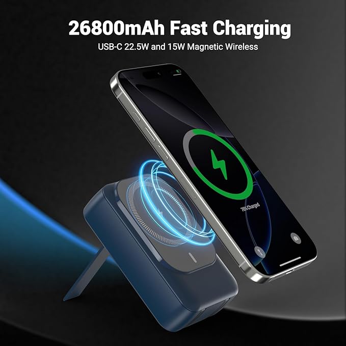 Magnetic Wireless Power Bank 26800mAh, PD 22.5W Type-C Fast Charging Portable Charger 5 Outputs, Battery Pack for Magsafe Built in Cables with Stand LED Display for iPhone 16/15/14/13/12 Series-Blue