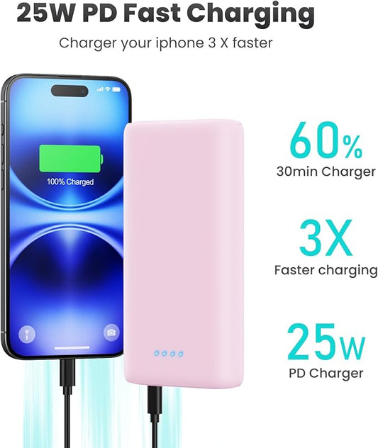 Portable Charger Power Bank 40,800mAh 25W Fast Charging USB C Portable Charger with 2 Built in Cables,5 Outputs & QC 4.0 Quick Phone Charging Battery Pack Compatible with iPhone 16/15/Android (Pink)