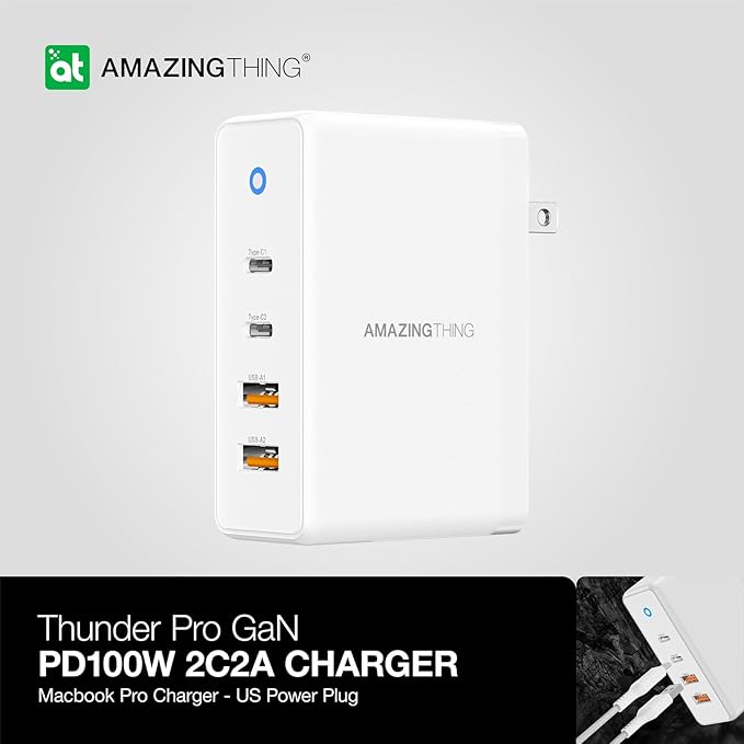 100W GaN Wall Charger with 2 Type C and 2 USB A Ports, Fast USB C Charger Block, Compact Charging Power Adapter for MacBook Pro/Air/iPad/iPhone/Samsung/Dell/Laptop/Tablet, with Foldable Plug, White