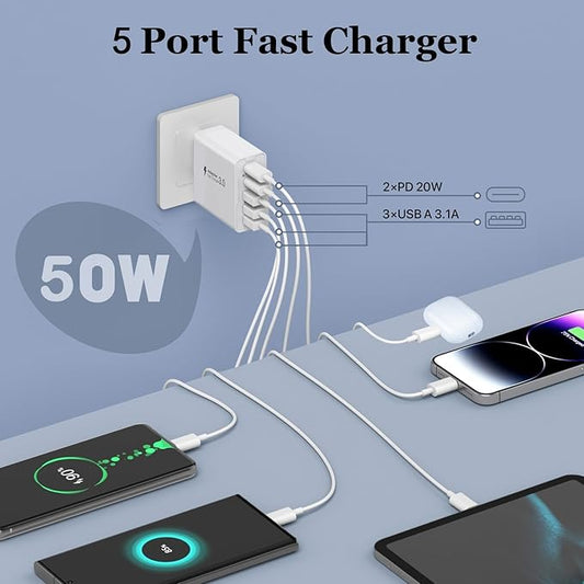 USB C Charger, 50W 5-Port USB C Charger Block, Fast Charging Block Dual Port PD+QC Wall Plug Multiport Type C Compatible with iPhone 12/13/14/15/Pro Max/XS/XR/8/7/SmartPhone/Tablet