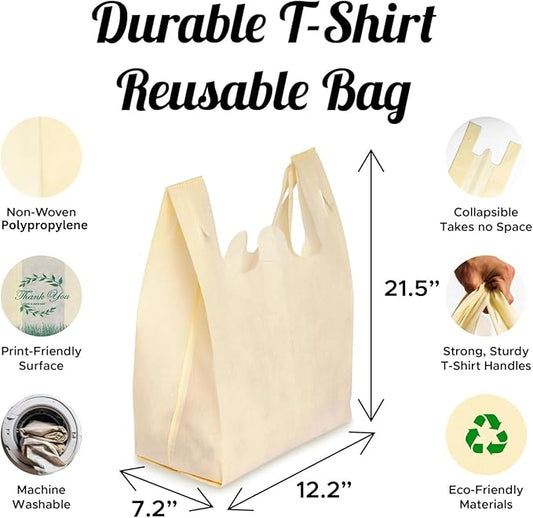 Simply Cool 300 Pack Reusable Eco-Friendly Grocery T-Shirt Shopping Bags 21.5”x12.2”x7.2” Durable Recyclable Washable Foldable Portable Tote Bags Bulk