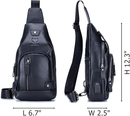 BULLCAPTAIN Men Sling Crossbody Bag with USB Charging Port Genuine Leather Shoulder Chest Bag Travel Hiking Backpack (Black)