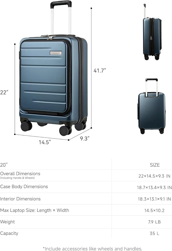 LUGGEX Carry On Luggage 22x14x9 Airline Approved, Polycarbonate Hard Suitcase with Front Pocket (Blue, 20 Inch, 35L)